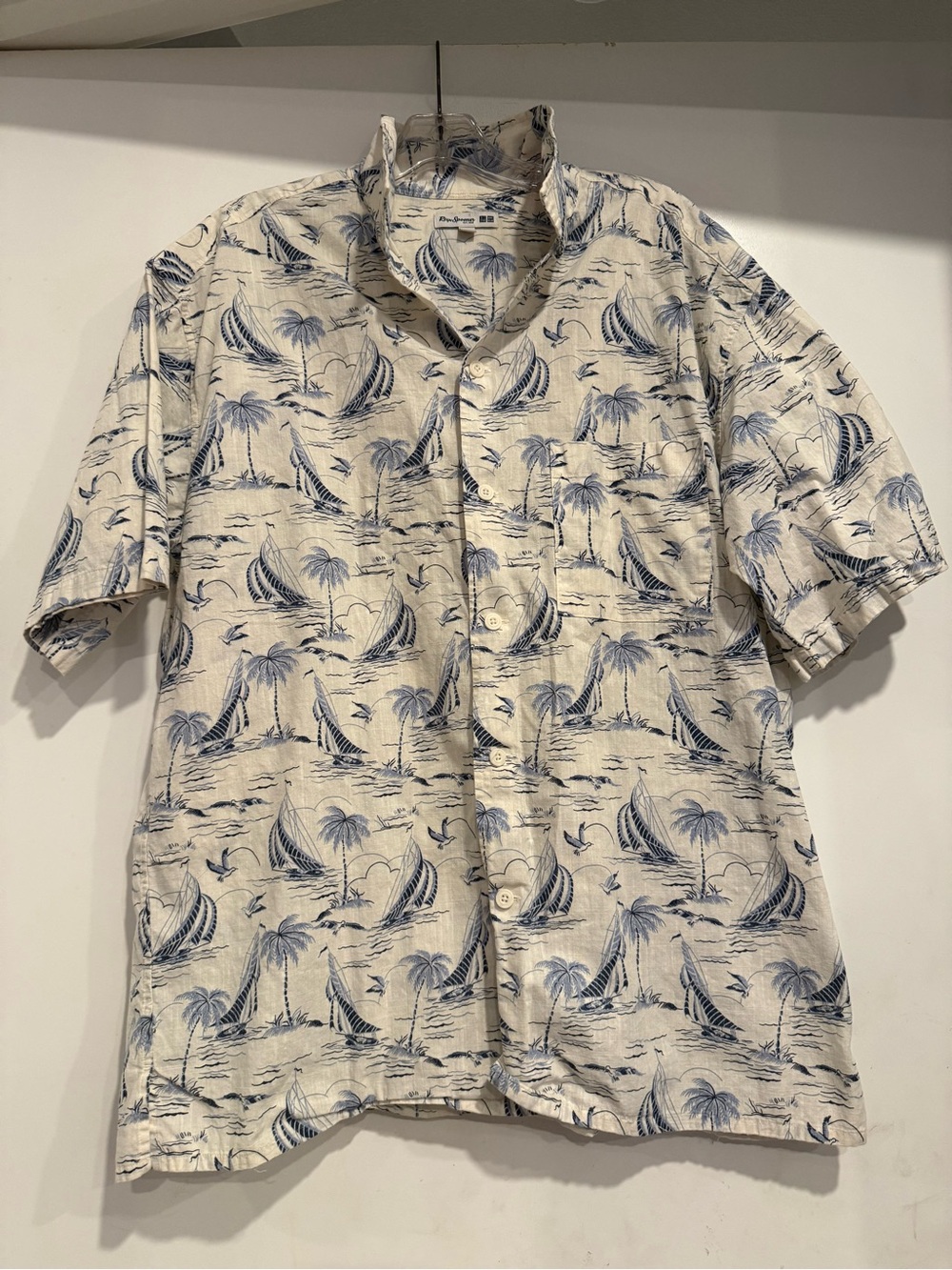 Reyn Spooner x Uniqlo Hawaiian Shirt Mens Large Sailboat Palm Tree Aloha Blue